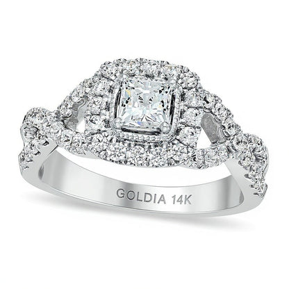Verlobungsring mit Diamanten im Princess- und Rundschliff, Halo, 1.0 ct. Gesamtgewicht, in 14K Weißgold (I/SI2)