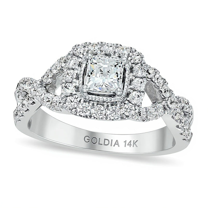 Verlobungsring mit Diamanten im Princess- und Rundschliff, Halo, 1.0 ct. Gesamtgewicht, in 14K Weißgold (I/SI2)