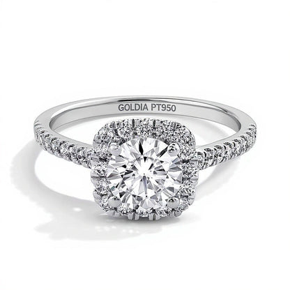 1.5 CT. Gesamtgewicht Labordiamant Verlobungsring mit Halo im Kissenschliff in Platin (F/SI2)