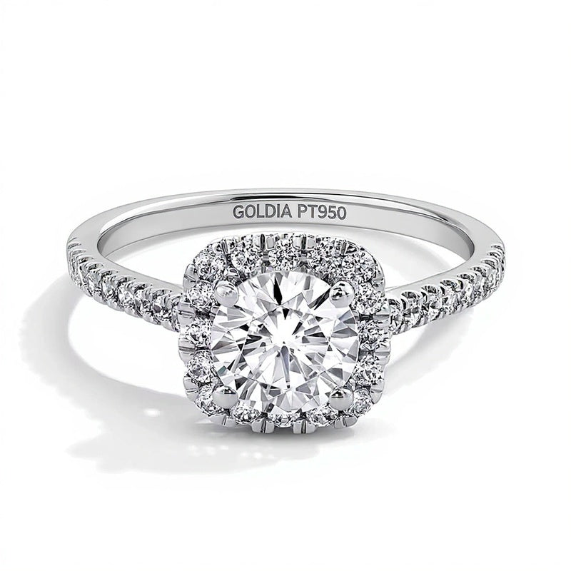 1.5 CT. Gesamtgewicht Labordiamant Verlobungsring mit Halo im Kissenschliff in Platin (F/SI2)