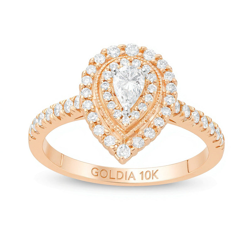 0,63 ct. Gesamtgewicht Halo-Verlobungsring mit tropfenförmigem und rundem weißem Diamant im Vintage-Stil in 10K Roségold