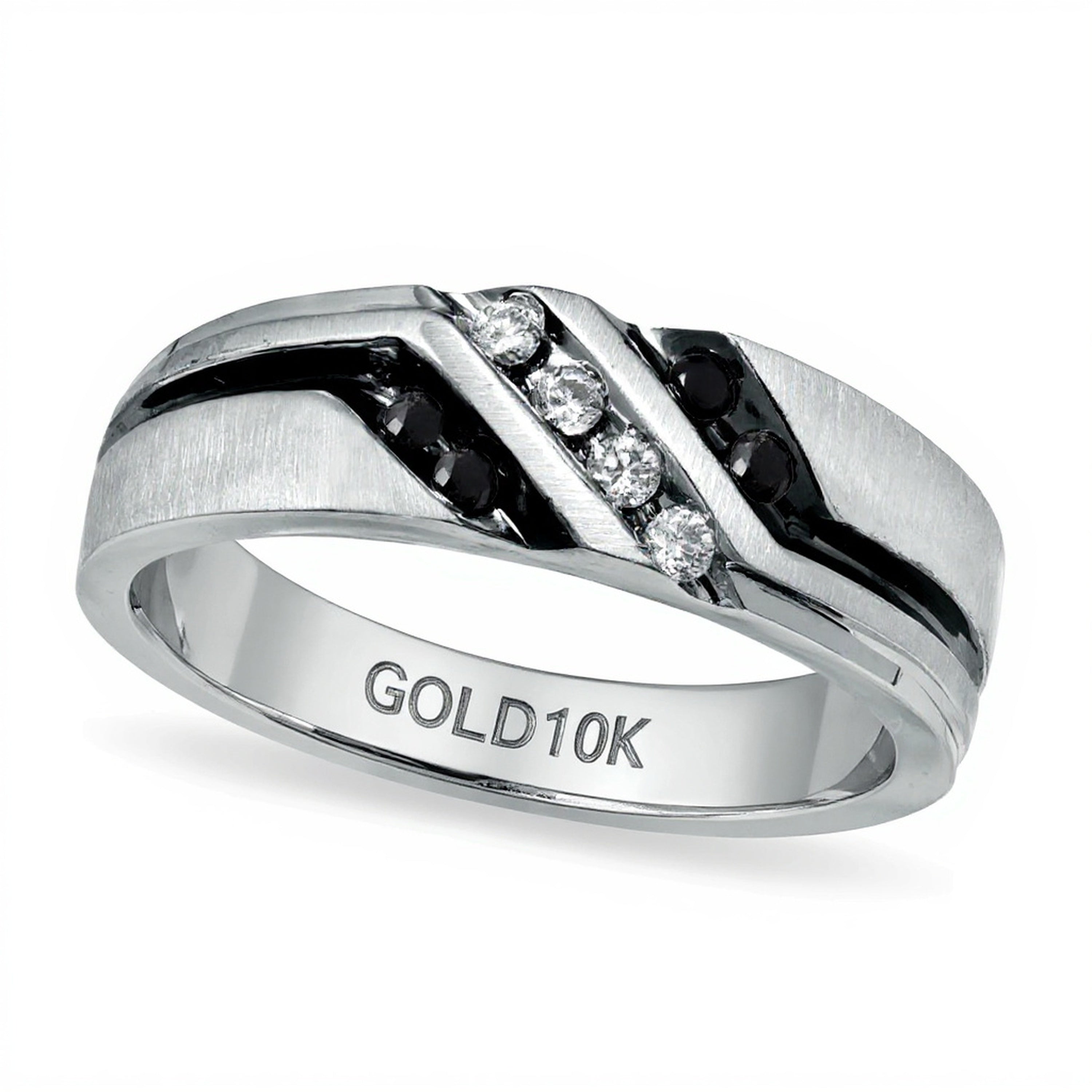0.2 CT. Gesamtgewicht Ehering mit schwarzen und weißen Diamanten im Slant-Design in 10K Weißgold