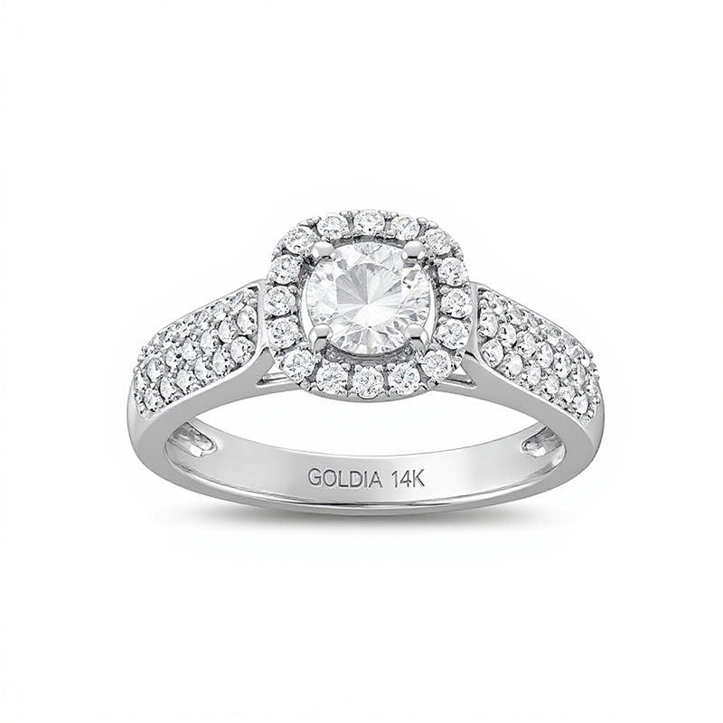 1.0 CT. Gesamtgewicht Diamant Verlobungsring mit Halo im Kissenschliff, dreireihig, in 14K Weißgold (I/I1)
