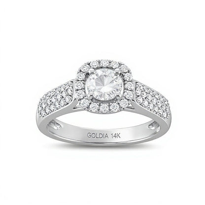 1.0 CT. Gesamtgewicht Diamant Verlobungsring mit Halo im Kissenschliff, dreireihig, in 14K Weißgold (I/I1)