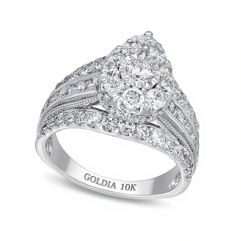 2.0 ct. Gesamtgewicht Verlobungsring mit mehreren Diamanten im Vintage-Stil, Tropfen und rund, mehrreihige Ringschiene, in 10K Weißgold