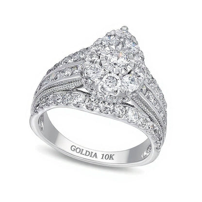2.0 ct. Gesamtgewicht Verlobungsring mit mehreren Diamanten im Vintage-Stil, Tropfen und rund, mehrreihige Ringschiene, in 10K Weißgold