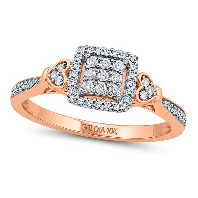 0.25 ct. Gesamtgewicht Komposit-Freundschaftsring mit champagnerfarbenen und weißen Diamanten im Kissenschliff-Rahmen und Herz-Seitensteinen in 10K Roségold