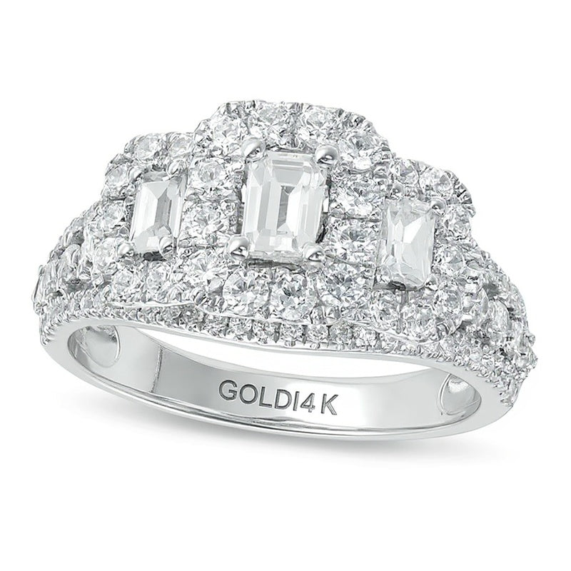 1.5 CT. Gesamtgewicht Dreistein-Ring mit Diamanten im Smaragdschliff in 14K Weißgold