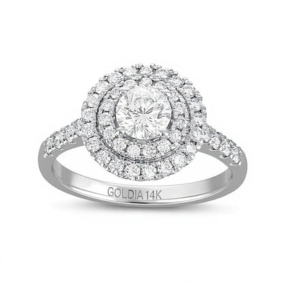 1.25 CT. Gesamtgewicht Diamant Verlobungsring mit doppeltem Halo in 14K Weißgold (I/I1)
