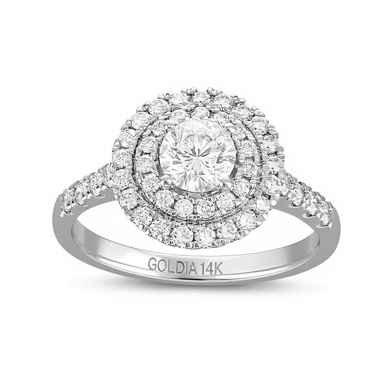 1.25 CT. Gesamtgewicht Diamant Verlobungsring mit doppeltem Halo in 14K Weißgold (I/I1)