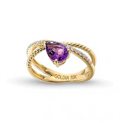 Fashion-Ring mit tropfenförmigem Amethyst und 0,2 ct. Gesamtgewicht Diamanten in 10K Gelbgold