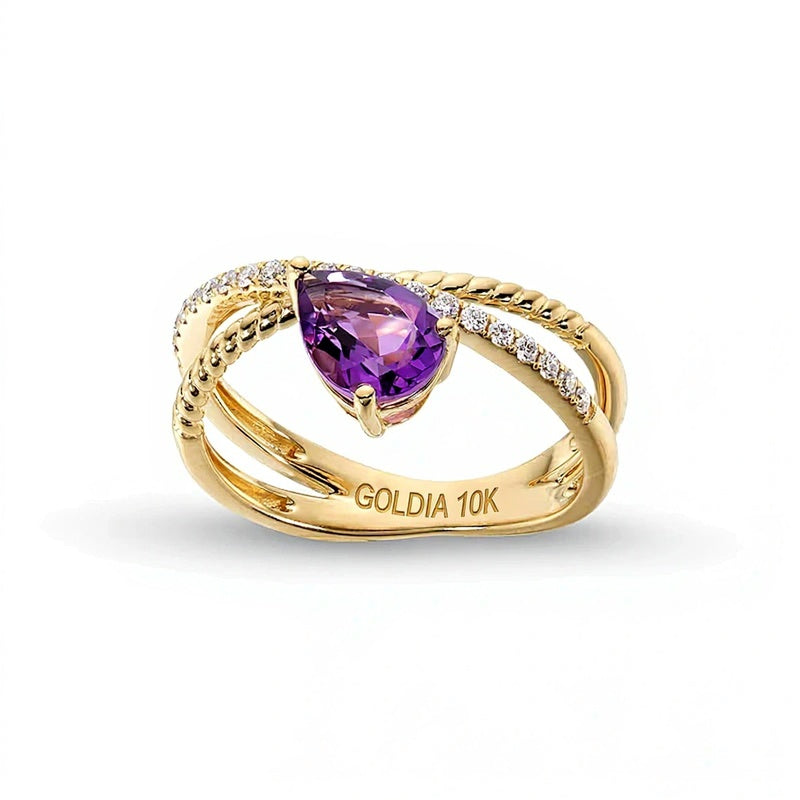 Fashion-Ring mit tropfenförmigem Amethyst und 0,2 ct. Gesamtgewicht Diamanten in 10K Gelbgold