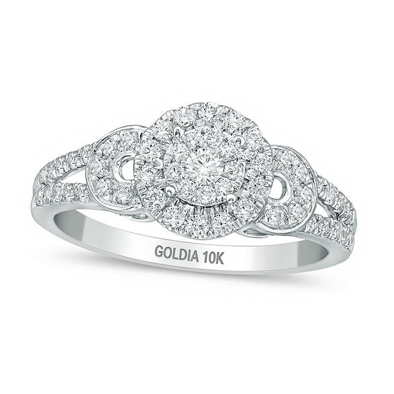 0.5 ct. Gesamtgewicht Diamant Verlobungsring mit Doppel-Halo und geteilter Schiene in 10K Weißgold