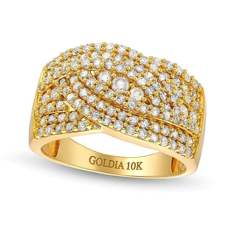 Ring mit 1.0 ct. Gesamtgewicht Diamanten, dreireihig überlappend, in 10K Gelbgold