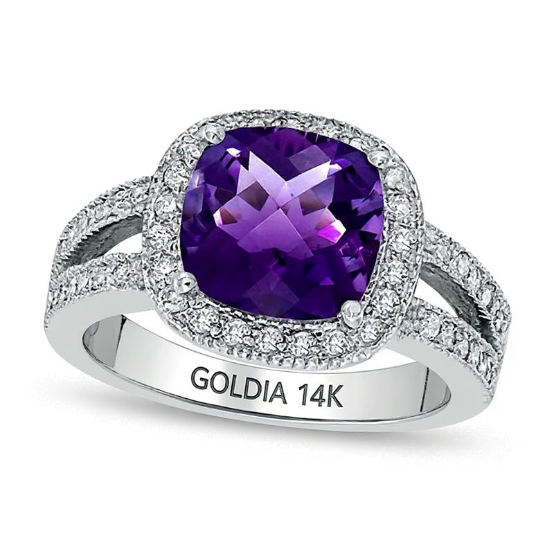 Halo-Ring mit Amethyst im Kissenschliff und Diamanten 0,5 ct. Gesamtgewicht in 14K Weißgold