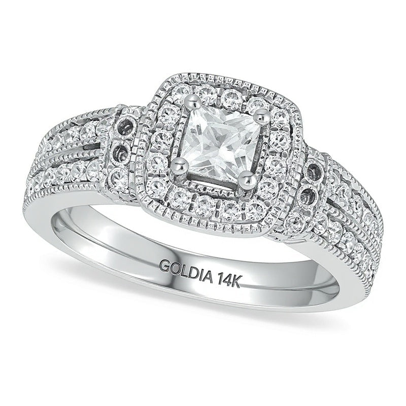 1.0 CT. Gesamtgewicht Diamant-Verlobungsring im Princess-Schliff mit Halo in 14K Weißgold