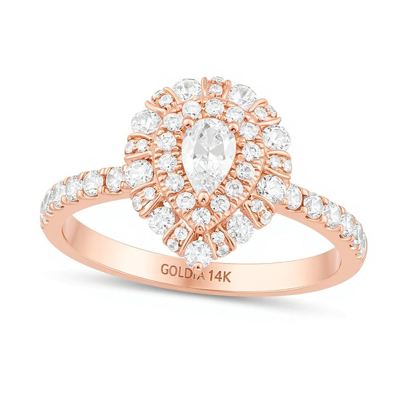 Verlobungsring Halo mit tropfenförmigem und rundem weißem Diamant 1.0 ct. Gesamtgewicht in 14K Roségold