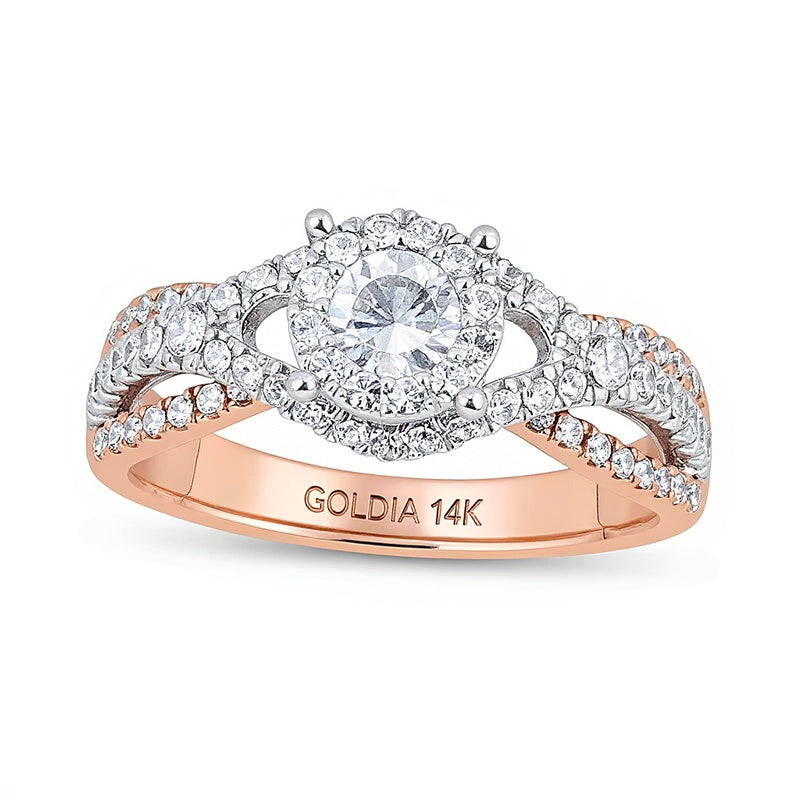 Verlobungsring mit Halo, 1.0 ct. Gesamtgewicht weißen runden Diamanten, geteilte Schiene, 14K Bicolor-Gold