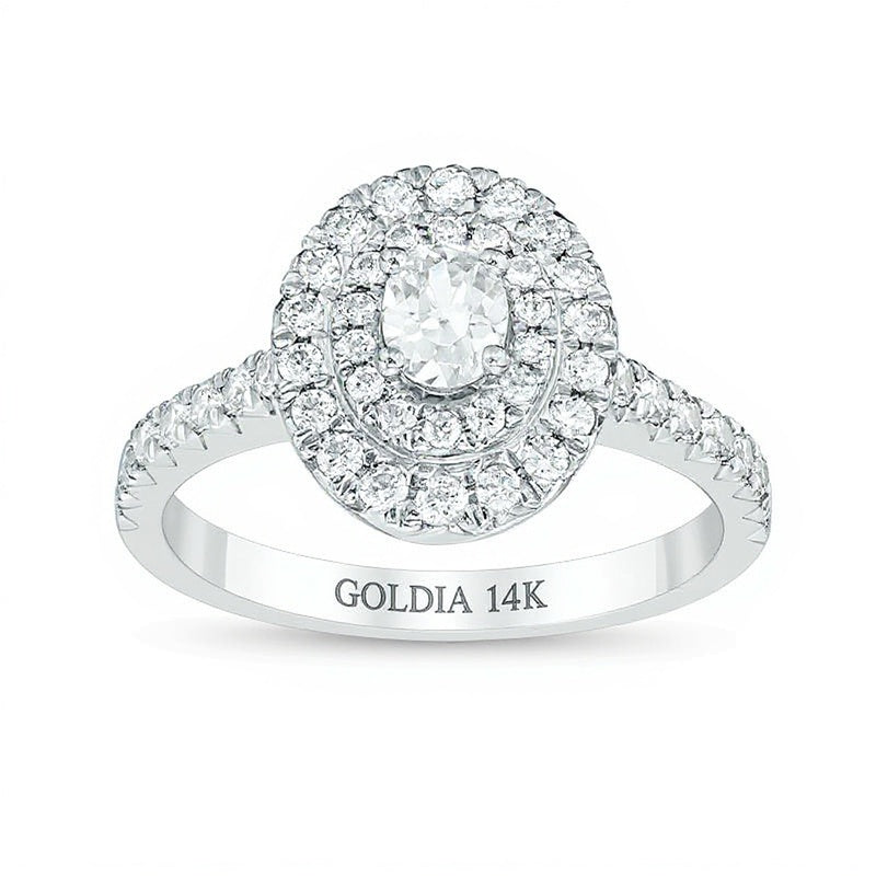 1.0 CT. TW Verlobungsring mit ovalen und runden Diamanten und Doppel-Halo in 14K Weißgold