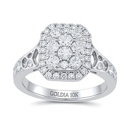 Verlobungsring mit Smaragd und mehreren Diamanten 1.25 ct. Gesamtgewicht in 10K Weißgold
