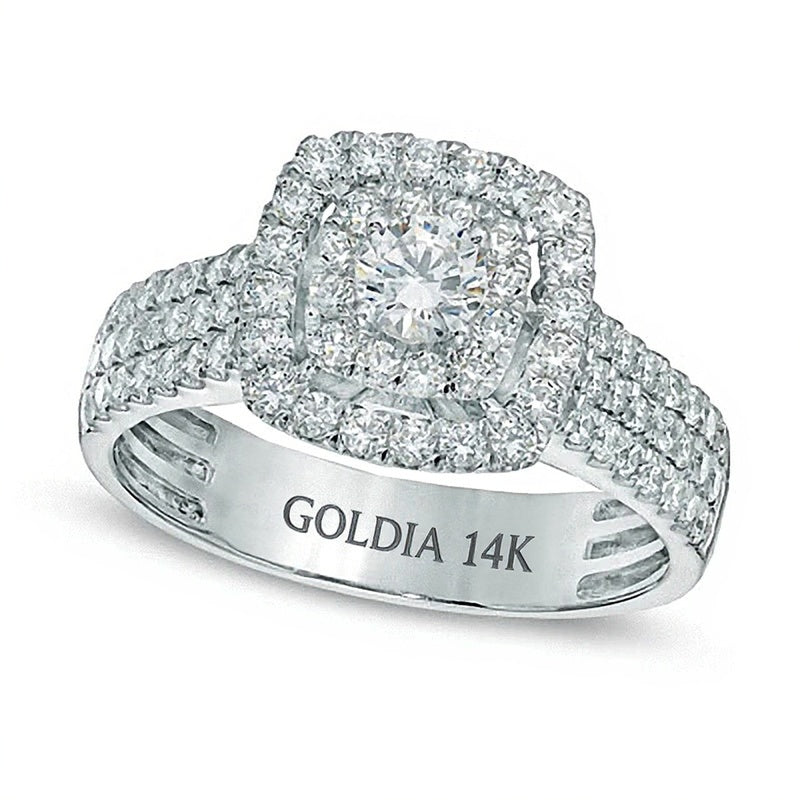 1.0 CT. TW Diamant-Verlobungsring mit doppeltem Halo und drei Reihen in 14K Weißgold