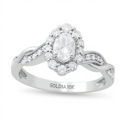 0,75 ct. Gesamtgewicht Verlobungsring im Vintage-Stil mit ovalem Diamant, Halo und gedrehtem Ring in 10K Weißgold
