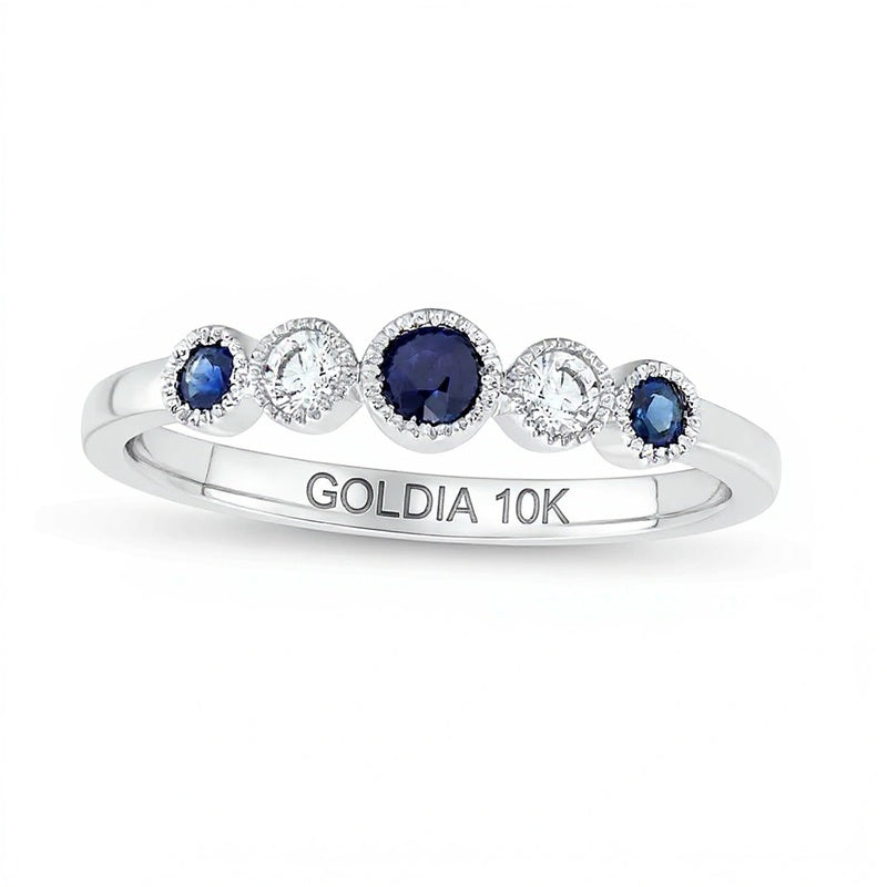 Fashion-Ring mit blauem Saphir und 0,1 ct. Gesamtgewicht Diamanten im Vintage-Stil mit fünf Steinen in 10K Weißgold