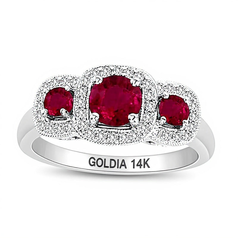 Verlobungsring Dreistein im Vintage-Stil mit Rubin und 0,2 ct. Gesamtgewicht Diamanten in 14K Weißgold