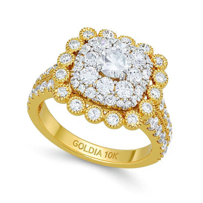 2.0 ct. Gesamtgewicht Verlobungsring im Vintage-Stil mit Diamanten im Kissenschliff und rund in 10K Gelbgold