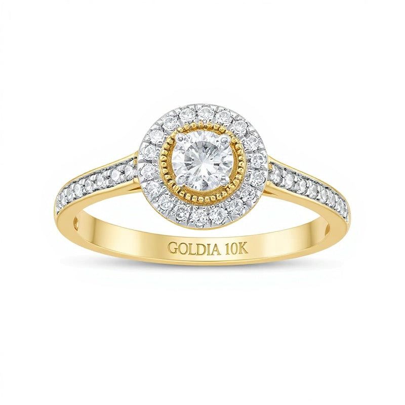 0.33 ct. Gesamtgewicht Diamant Halo Verlobungsring im Vintage-Stil in 10K Gelbgold