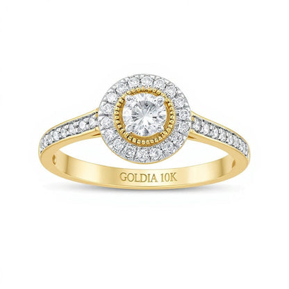 0.33 ct. Gesamtgewicht Diamant Halo Verlobungsring im Vintage-Stil in 10K Gelbgold