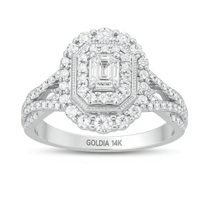 Verlobungsring im Vintage-Stil mit Diamant im Smaragdschliff 1.0 ct. Gesamtgewicht und doppeltem achteckigem Rahmen mit geteilter Schiene in 14K Weißgold