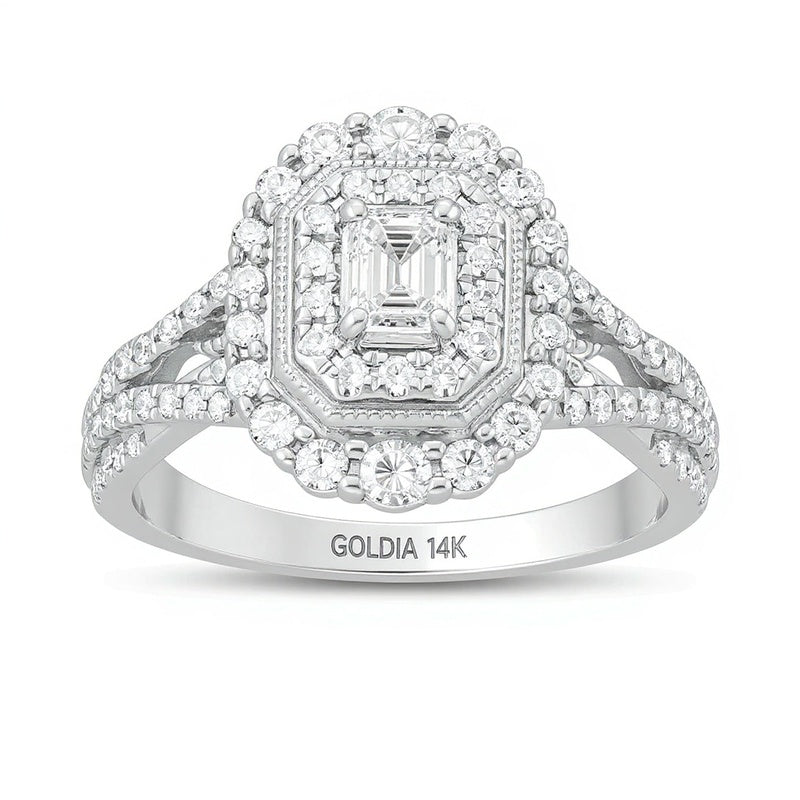 Verlobungsring im Vintage-Stil mit Diamant im Smaragdschliff 1.0 ct. Gesamtgewicht und doppeltem achteckigem Rahmen mit geteilter Schiene in 14K Weißgold