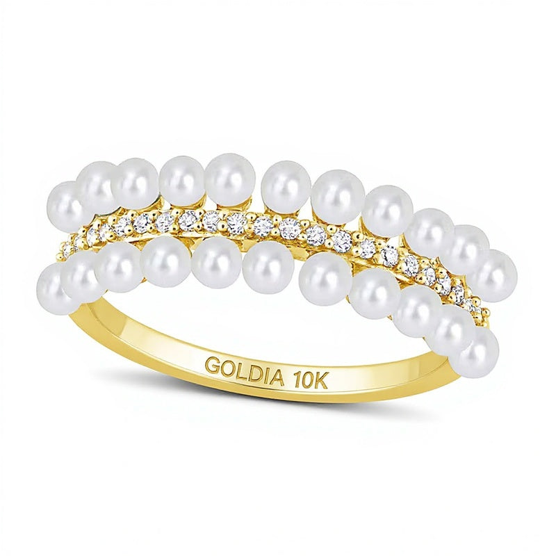 Ring mit Zuchtperlen und 0,1 ct. Gesamtgewicht Diamanten, dreireihig, in 10K Gelbgold