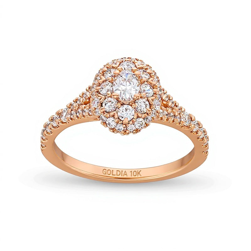 0.75 ct. Gesamtgewicht Verlobungsring mit ovalen und runden Diamanten und Split-Shank in 10K Roségold