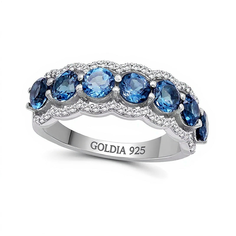 4,0mm London Blue Topas und weißer Zirkon Fashion-Ring mit sieben Steinen aus rhodiniertem Sterlingsilber