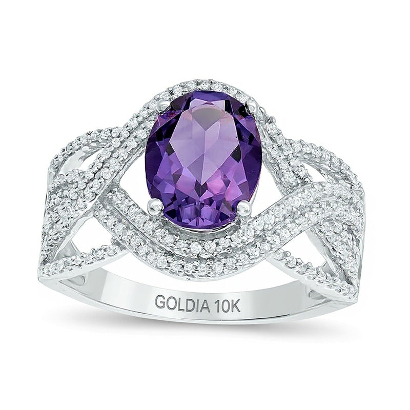 Ring mit ovalem Amethyst und 0,33 ct. Gesamtgewicht Diamanten im Twist-Design mit Doppelreihe in 10K Weißgold