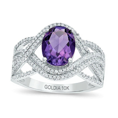 Ring mit ovalem Amethyst und 0,33 ct. Gesamtgewicht Diamanten im Twist-Design mit Doppelreihe in 10K Weißgold