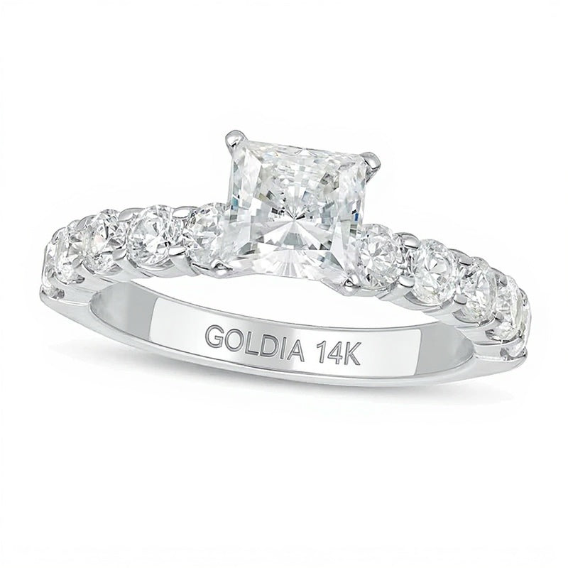 Solitär-Verlobungsring mit seitlichem Besatz, 2.0 ct. Gesamtgewicht, Princess- und rund geschliffene Diamanten in 14K Weißgold
