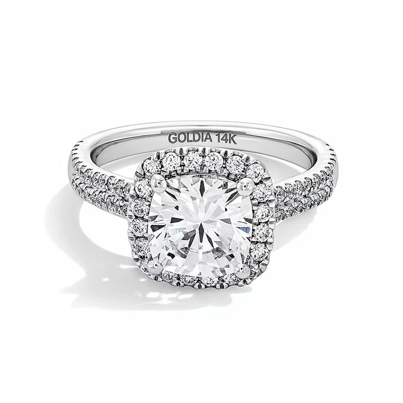 2.63 CT. Gesamtgewicht Halo-Ring mit Labordiamanten im Kissenschliff und rund in 14K Weißgold (F/SI2)