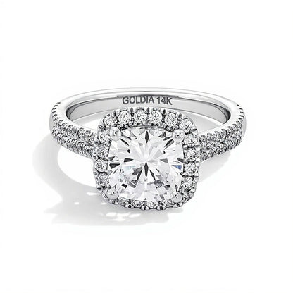 2.63 CT. Gesamtgewicht Halo-Ring mit Labordiamanten im Kissenschliff und rund in 14K Weißgold (F/SI2)
