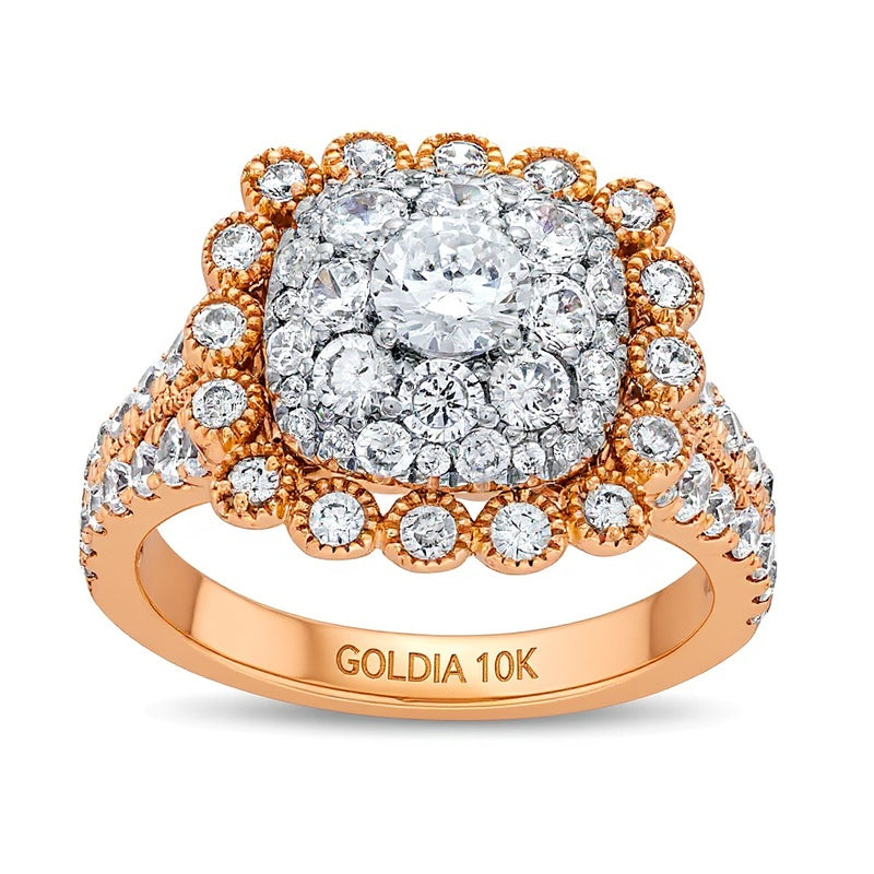 2.0 ct. Gesamtgewicht Multi-Diamant Verlobungsring im Vintage-Stil mit Kissenschliff in 10K Roségold