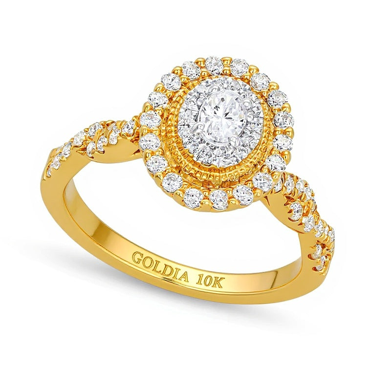 0.63 ct. Gesamtgewicht Verlobungsring mit ovalen Diamanten im Vintage-Stil, Halo-Fassung und gedrehter Ringschiene in 10K Gelbgold