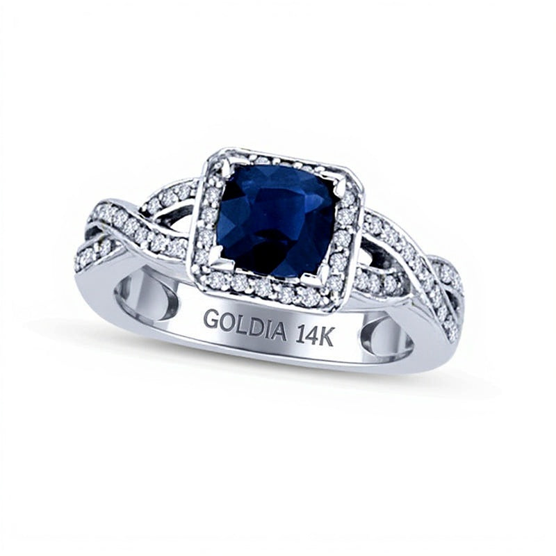 6,0mm blauer Saphir im Kissenschliff und 0,38 ct. Gesamtgewicht Diamant Halo-Verlobungsring in 14K Weißgold