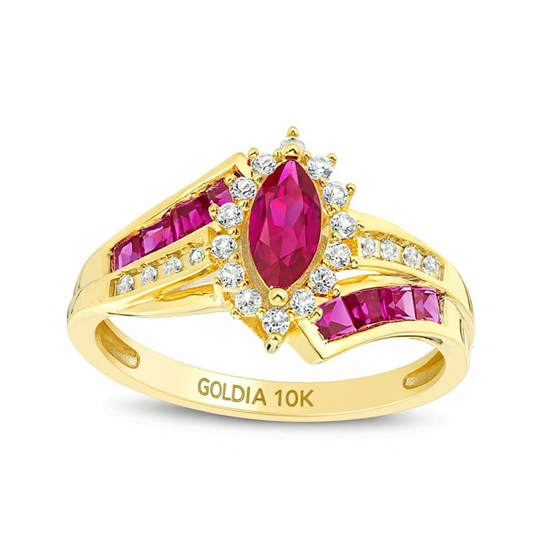 Ring mit Marquise-Rubin und 0,17 ct. Gesamtgewicht Diamanten im Halo, doppelreihiger Bypass, in 10K Gelbgold