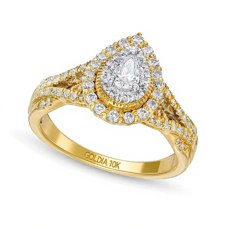 0.63 ct. Gesamtgewicht Verlobungsring mit tropfenförmigem Diamant, Halo und geteiltem Ringschienen-Twist in 10K Gelbgold