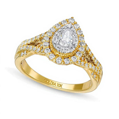 0.63 ct. Gesamtgewicht Verlobungsring mit tropfenförmigem Diamant, Halo und geteiltem Ringschienen-Twist in 10K Gelbgold