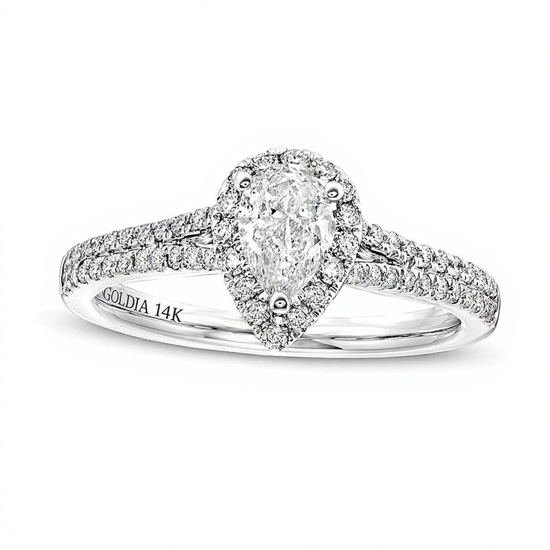 Halo Verlobungsring mit tropfenförmigem und rundem Diamant 1.0 ct. Gesamtgewicht in 14K Weißgold (I/SI2)