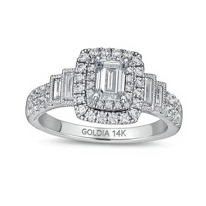 1.2 CT. Gesamtgewicht Diamant-Verlobungsring im Smaragdschliff mit Halo im Vintage-Stil und gestuftem Ringband in 14K Weißgold (I/I1)