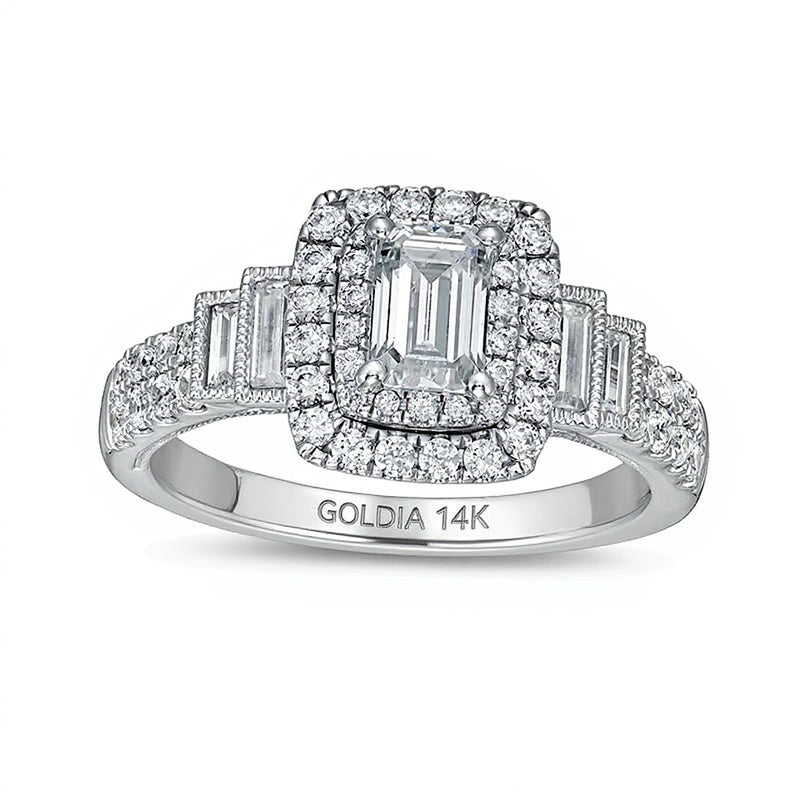1.2 CT. Gesamtgewicht Diamant-Verlobungsring im Smaragdschliff mit Halo im Vintage-Stil und gestuftem Ringband in 14K Weißgold (I/I1)